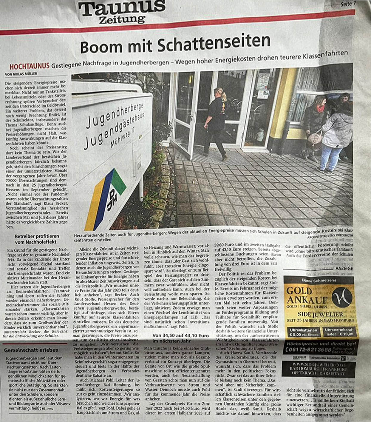 Wegen hoher Energiekosten drohen teuere Klassenfahrten- Zeitungsartikel Taunus Zeitung